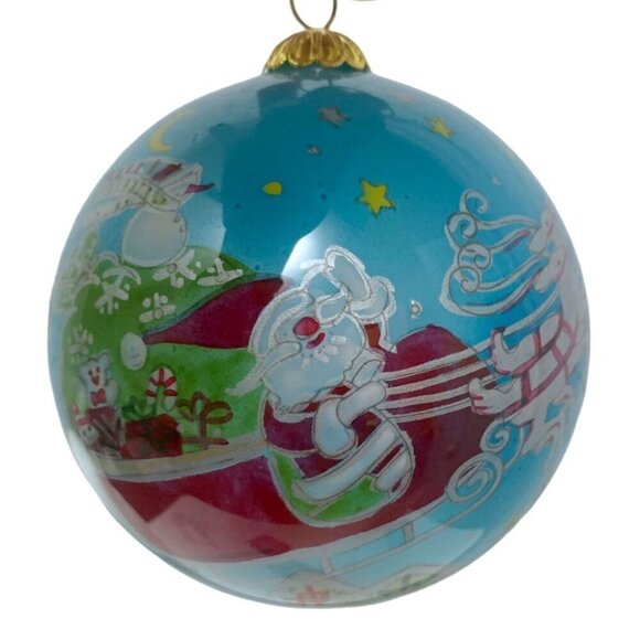 Christmas Ornament Blue Santa with Sleigh Reverse Glass Painted Le Bien Blue - Picture 1 of 11